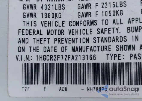 2015 Honda Accord Ex z USA, uszkodzony, nr VIN 1HGCR2F72FA213166